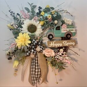 New Designer Floral Spring Easter Truck Farmhouse Plaid Burlap Wreath